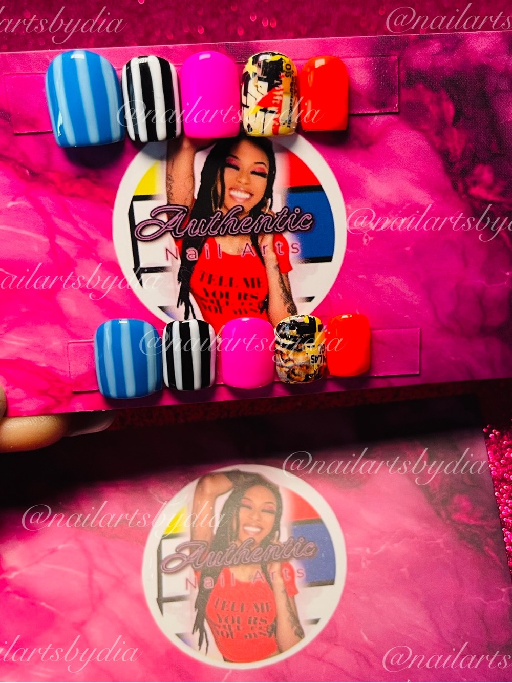 Bright Mixed Nail Set with Stripes & Abstract Accent